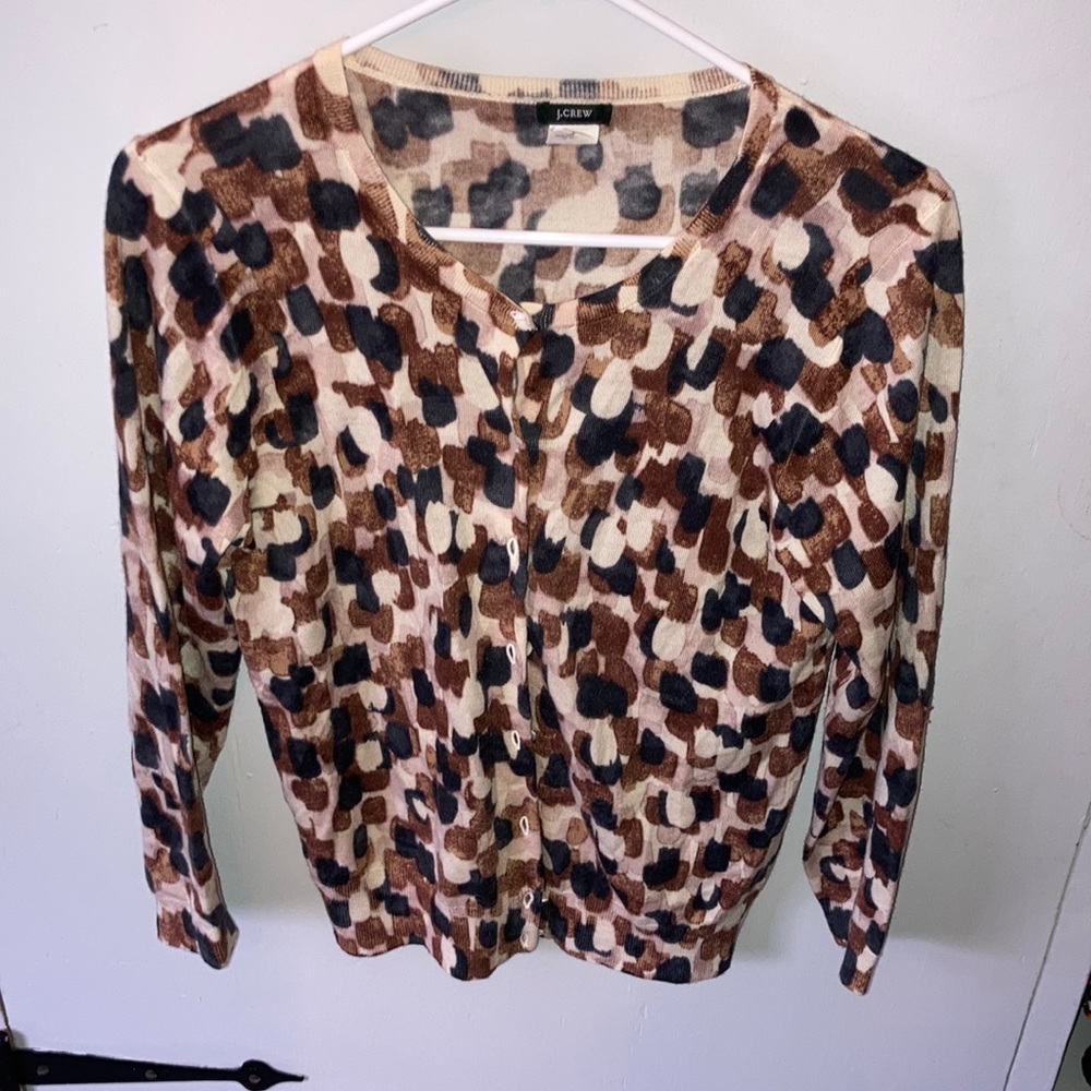 J.Crew button down cardigan black/brown/cream colored size M 100% merino wool